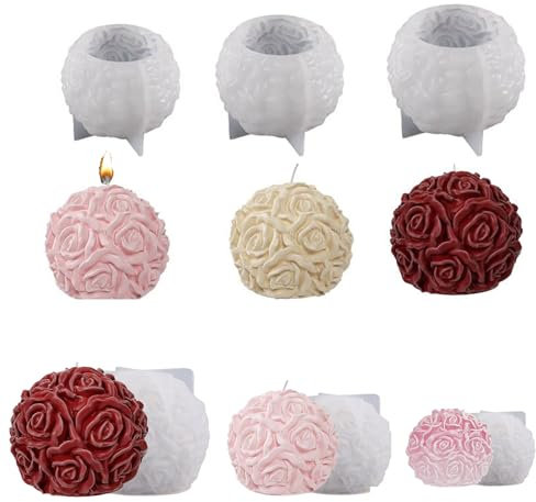 3pcs Rosenkugel Kerzenform, Kerzenform Silikon,3D DIY Silikonform Kerzen Gießen Formen,Blume Kerzengießformen,Form Seife Form zum Gießen als Heimdekorationen,für handgemachtes
