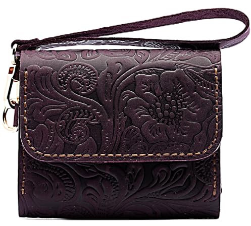 sayy Handgefertigtes Geldbörse Damen Klein Leder, Mini Portemonnaie, Slim Wallet for Women, Geldbeutel Handgelenkschlaufe und Reißverschluss mit Münzfach, Kartenhalter Portmonee (Lila)