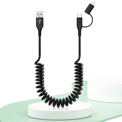 USB-auf-USB-C- und Lightning-Kabel Kurz 2-in-1,MFi Zertifiziert iPhone Carplay und Android Auto Kabel,3 A & Daten,Lightning Spiralkabel iPhone Ladekabel für iPhone 16/15/14/13/12/Android, Schwarz