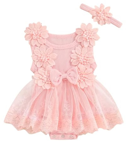 Carolilly 2Pezzi Completo Neonata con Ricamo Fiori Pagliaccetto Estivo Neonata Vestito Principessa Elegante Abito Neonata in Tulle Tutina Neonata in Pizzo Cerimonia+Fascia (Rosa, 0-3 Months)