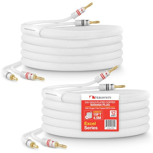Nakamichi Excel Series 24k Gold Plated Banana Plug with (15 Feet) Speaker Cable Wire 99.9% Oxygen-Free Copper (OFC) Heavy Duty Braided In-Wall CL2 Rated - White (12AWG / 15ft / 4.5m) 2-Pack