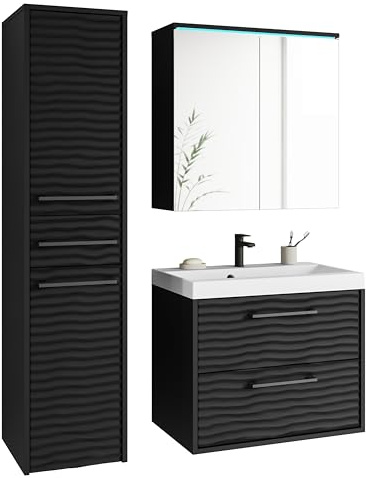 MINIO go for it - Badmöbel Set 3-Teilig Yuko 1, mit LED, Unterschrank mit Waschbecken, Spiegelschrank, Große Hängeschrank, Laminierte Spannplatte, Farbe: Schwarz/Schwarz MDF Wellemuster