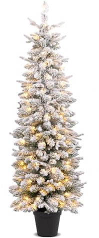 COSTWAY Bleistift Weihnachtsbaum mit Schnee, Tannenbaum künstlich mit Beleuchtung, LEDs in Warmweiß & 8 Lichtmodi, schneebedeckter Christbaum im Topf, schmal, Grün+Weiß (150cm)