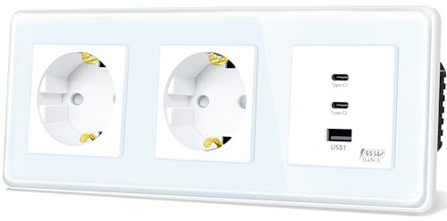 TAWOIA Enchufe Schuko con interfaz de carga rápida USB tipo C de 65 W y USB para teléfonos móviles, tabletas y portátiles, 2 enchufes empotrados con USB C con placa de cristal curvada 2,5D, color