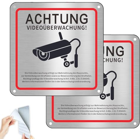 2 STK Videoüberwachung Schild, Schild Videoüberwachung Privatgrundstück, Selbstklebend & Vorgebohrt Aluminium Achtung Videoüberwachung Schild, 15×15 CM Schild Kameraüberwachung für Überwachungskamera