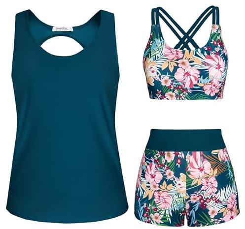 JASAMBAC Tankini de 3 piezas para mujer, cintura alta, push up y pantalones cortos de baño de cintura alta, traje de baño simple, traje de baño deportivo para mujer, traje de baño para piscina, playa