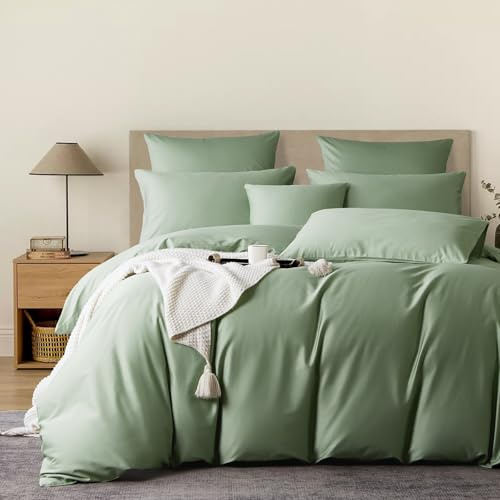 YASMENG Satin Bettwäsche 155x220 Grün 100% Langstapelige Baumwolle Kühlend Mako Satin Bettwäsche Weich Seidig Atmungsaktiv Seide Bettbezug Set 3 Teilig mit Reißverschluss und 2 Kissenbezüge 80x80 cm