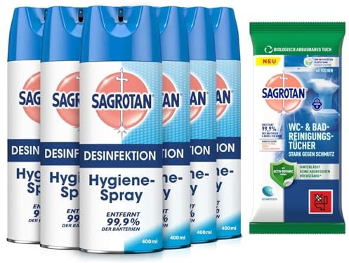 Sagrotan Hygiene-Spray (Aerosol) Desinfektionsspray (für Textilien und Oberflächen im Haushalt, Sprühflasche im praktischen Vorteilspack) 6 x 400 ml & Sagrotan WC- und Bad- Reinigungstücher, 60 Tücher
