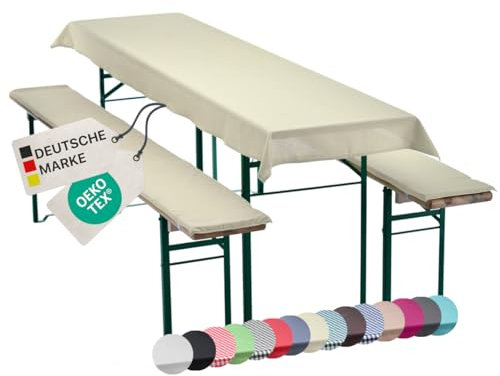 NYVI Bierbankauflagen Set NYVIGala 240x90 cm Ecru - 1x Tischdecke für 220x70 cm Biertische & 2X Gepolsterte Auflage für 220x25 cm Bierbänke - Sitzauflage für Bierzeltgarnitur