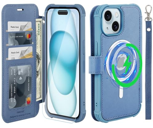 VANAVAGY Wallet Case for iPhone 15 Plus/14 Plus for Magsafe,Blue | PU Leather Flip,Slim,12ft Drop Protection,RFID Blocking Card Holder,Magsafe Wireless Charging,Includes Screen Protector