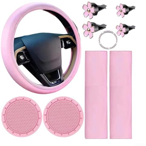 10-teiliges Autozubehör-Set für Damen, Lenkradbezug, Sicherheitsgurtpolster, Getränkehalter, Lüftungsschlitz-Clips, Knopfaufkleber (Rosa)