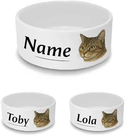 Personalised Ceramic Cat Bowl - Large White Pet Food Dish with Tabby Cat Design - Custom Name Cat Bowl 15cm Wide x 6cm Deep - Ideal for Medium to Large Cats