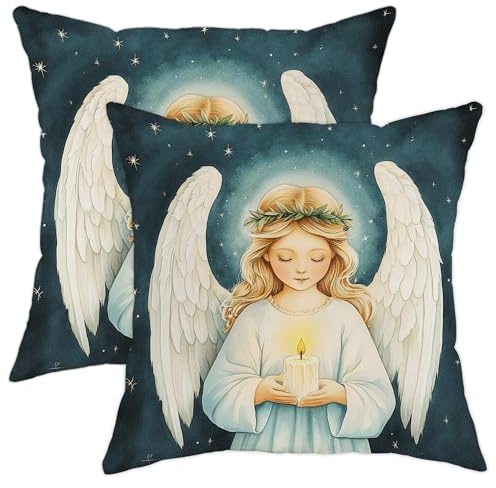 Juego de 2 fundas de cojín de ángel, fundas de cojín con alas blancas celestiales, decoración de invierno para el hogar, sofá, cama, 16 x 16 pulgadas