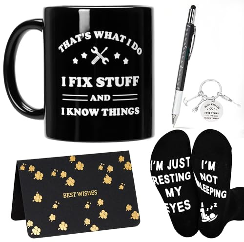 Rilcn Gifts for Men, Funny Birthday Gifts for Men, 5 Piece Set: Mug, Socks, Keychain, Greeting Card, Pen – Father’s Day, Christmas, Anniversary Presents for Dad, Boyfriend, Grandad