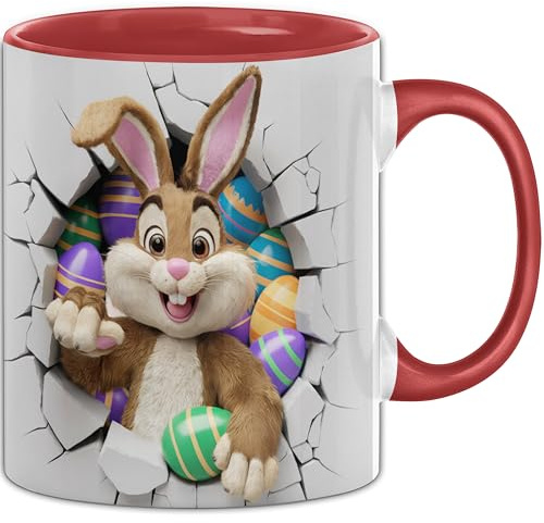 3D Osterhase Tasse Geschenk Osterhase Durchbruch Wand Spruch Geschenkidee für Osterhasen Liebhaber (Rot)