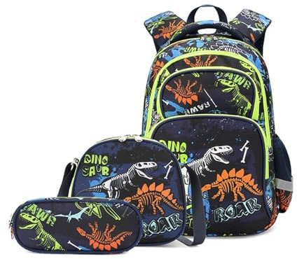 3-teiliges Dinosaurier-Rucksack-Set mit Lunchbox, Federmäppchen, Schulbuchtasche für Kinder, Vorschule, Schule, Büchertasche für Jungen und Mädchen, Pix Rucksack, grün, Einheitsgröße