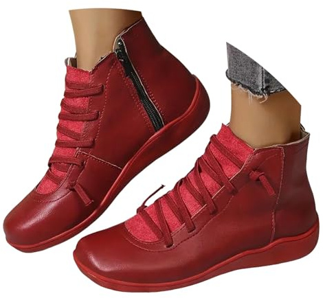 Bottines Femme Cuir Plates Vintage Chaussure Bottine Femmes Hiver Confort Chic Chaussures De Travail Pieds Larges Confortables Boots À Lacets avec Fermeture Eclair Tête Ronde