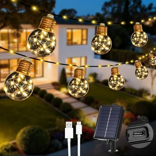 Litark Solar Lichterkette Aussen mit 20 Glühbirnen-7.6m Außen Gärten Solar,Wetterfest,USB-aufladung,Solarlichterkette für Outdoor Balkon Deko (Warmweiß)