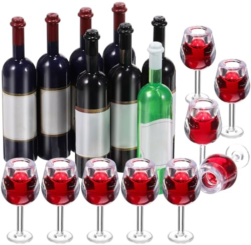 Ipetboom Lot de 18 mini bouteilles de vin et mini verres à vin, accessoires de maison de poupée miniature à l'échelle 1:12, fausses petites bouteilles pour maison de poupée, décoration de cuisine