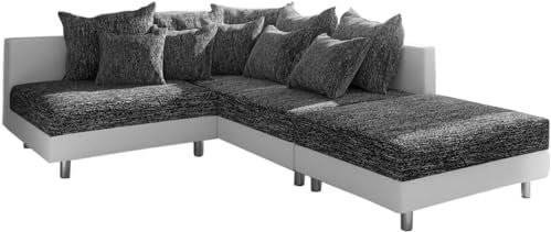 DELIFE Eckcouch Clovis Weiss Schwarz mit Hocker Ottomane Rechts Ecksofa Modulsofa