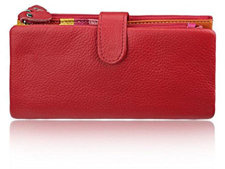 AprinCtempsD Damen Geldbörse Echt Leder Portemonnaie Bunt Clutch Lange Geldbeutel Große Kapazität mit Reißverschluss (Rot)