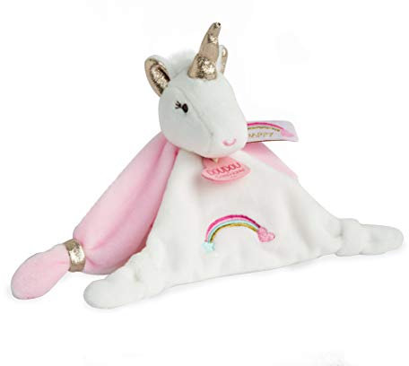 DOUDOU ET COMPAGNIE - Doudou Plat Licorne Carré - 20 cm - Rose/Blanc/Doré - Collection Lucie la Licorne - Tout Doux Pour Bébé- Idée Cadeau Naissance - Boite Cadeau - Garantie Doudou Perdu - DC3312