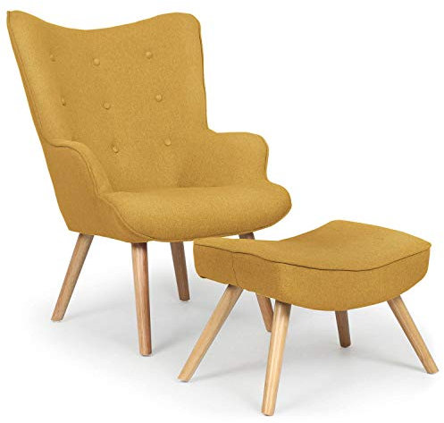 Menzzo Fauteuil Scandinave Jaune Moutarde foncé Tissu avec Pouf Repose Pied Salon | Pieds en Bois | Assise Moelleuse et Confortable | Modèle Lylou | L64 x P48 x H100 cm | Hauteur Assise 42 cm