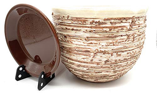 Sun Cakes Pot de Fleurs en céramique émaillée avec Soucoupe Ronde en Terre Cuite avec bac d'égouttement Couleur Argile 16 cm x 12 cm, Ivoire-Marron