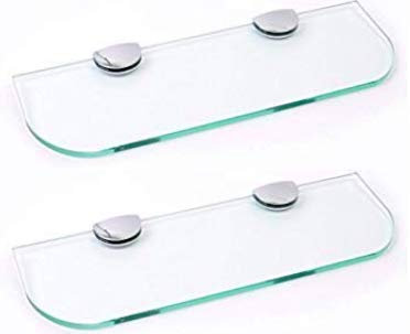 Juego de dos estantes de cristal con esquinas curvadas de 6 mm de grosor de vidrio templado transparente para baño, cocina, 300 mm x 100 mm (30.48 cm aprox.), con grandes soportes de acabado cromado