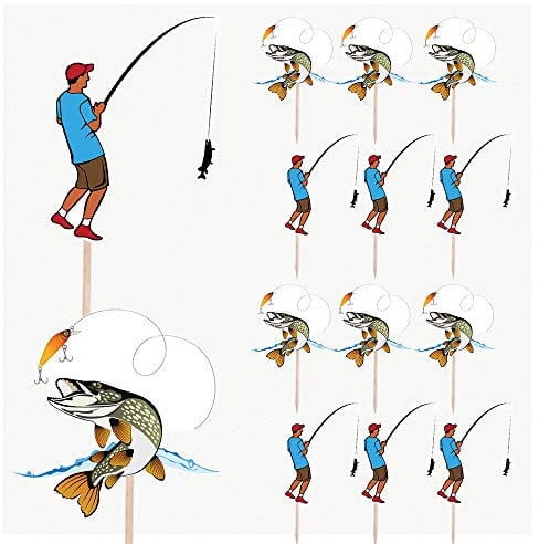 AK Giftshop Pike Fishing Mix Birthday Party Food Cupcakes Picks Decorations Toppers (Pack of 14)