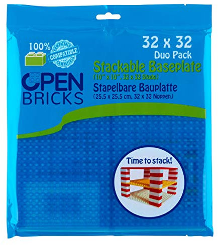 OPEN BRICKS Bauplatten, 32x32 (25,5 x 25,5 cm), Transparent Blau/Transparent Blue, 2 Stück, Kompatibel mit Allen führenden Marken, Beidseitig bebaubar, OB-P32TB2