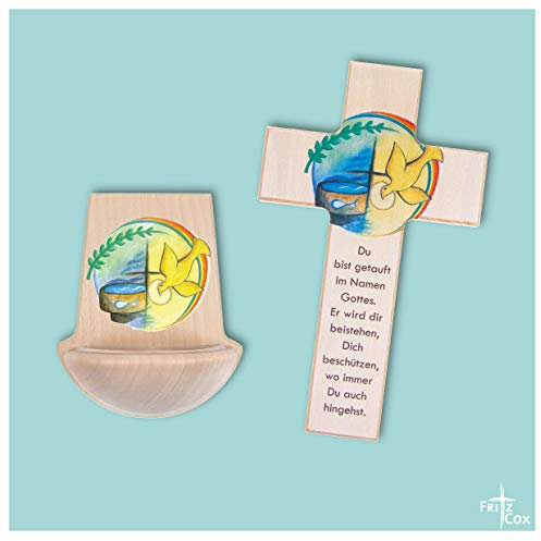 Fritz Cox® - Holzkreuz zur Taufe - perfektes Taufgeschenk (20cm, mit Weihkessel natur)