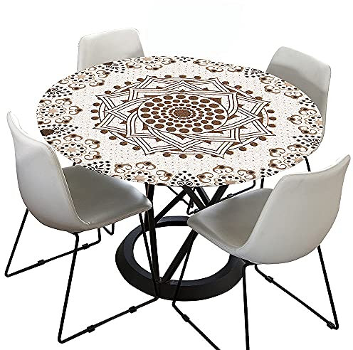 Morbuy Tischdecke Outdoor Rund 120 cm, Elastisch Rund Abwaschbar Tischdecken Wasserabweisend Lotuseffekt Garten Tischdecke Creme Mandala Table Cloth, Ideal für 100cm-110cm