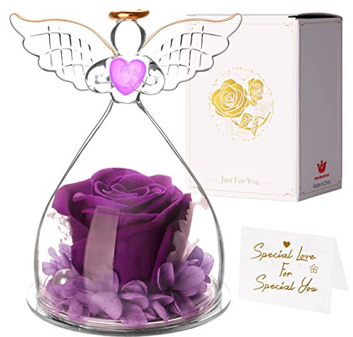 zelaby Rose Éternelle Angel, Cadeau Fete des Meres, Rose Eternelle sous Cloche, Idee Cadeau pour Femme Maman, Anniversaire, Fête des Mères, Cadeau Fete des Meres Original (Mauve)