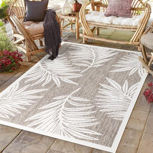 payé Outdoor Teppich Wetterfest - 140x200cm - Beige Weiß - Pflanzen Muster - Teppiche für Terrasse Balkon Garten Indoor