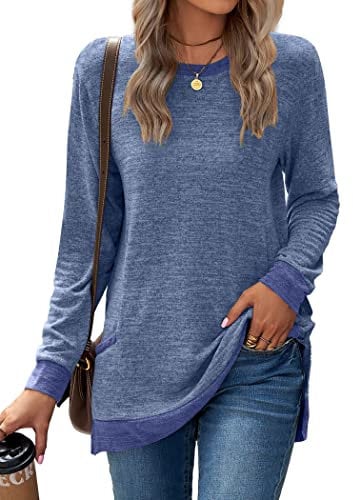 Famulily Ladies Baggy Tops Casual Jumper Long Sleeve Crewneck Color Block Tunic Tops Wear with Leggings Blue M