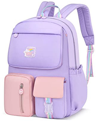 BEAUTYBIGBANG Regenbogen, Vorschulrucksack, wasserdicht, Schulrucksack für Mädchen, große Kapazität, Grundschulrucksack, lässiger Tagesrucksack für Teenager, Mädchen, Violett/Pink