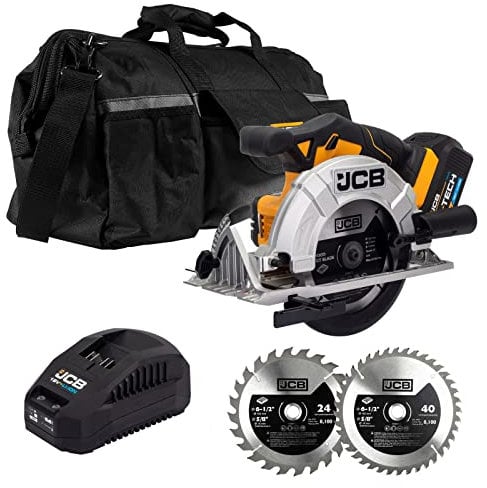 JCB 18V Powerful Circular Saw 5.0Ah Lithium-ion Battery in 20 Kit Bag with 24T TCT, 40T TCT Saw Blades, Battery, Charger and 3 Year Warranty