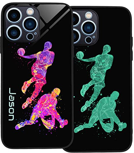 Personalised Case for iPhone 13 Pro, Slim Anti Scratch Glass panel with shockproof TPU Rims | Glow in the Dark Case | Custom Phone Case-Basketball-1
