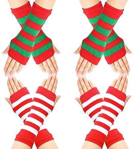 JIHUOO Striped Wrist Warmers Winter Fingerless Gloves Christmas Warm Wrist Sleeves Thumb Hole Gloves Wide Stripes