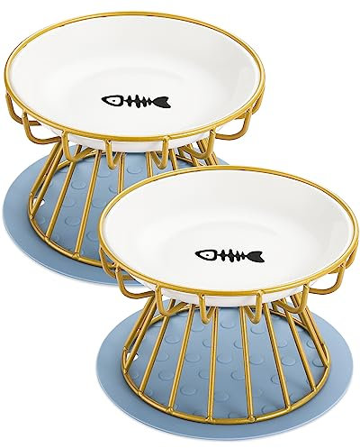 Dorakitten 2Pcs Cat Bowl, Ceramic Raised Cat Food Bowl, Elevated Pet Bowl,Anti Vomiting Cat Feeding Bowl, Non Slip Cat Dish, Protect Pet's Spine Make Cats Feel Comfortable, Dishwasher Safe