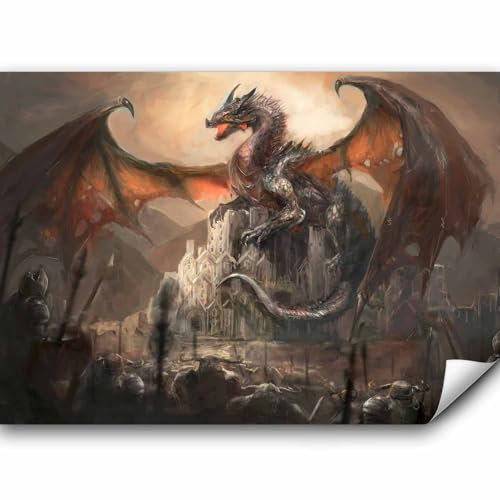 murando Fototapete selbstklebend Drache 490x350cm - Foto Tapete Tapetenfolie Möbelfolie Wandverkleidung Wandtapete Motivtapeten Bildtapete Wohnzimmer 3d Effekt Modern Dragon Ritter g-A-0080-a-b