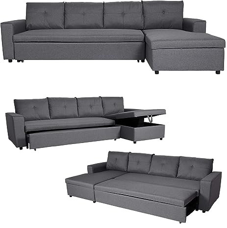 Mendler Ecksofa mit Bettkasten HWC-L16, Couch Sofa L-Form Liegefläche Links/rechts Nosagfederung Stoff/Textil 290cm - dunkelgrau