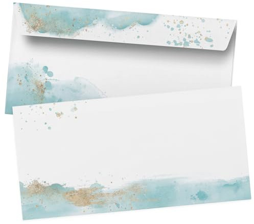 50 Briefumschläge DIN Lang | Aquarell blau türkis Gold Look | selbstklebend ohne Fenster | Brief-Umschlag mit Design-Motiv bedruckt | 90 g/m²