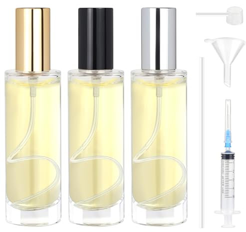 Omsscun 3 Pcs Glass Perfume Spray Bottle 30ml, Empty Glass Perfume Atomiser, Small Clear Portable Perfume Refill Bottles for Travel, Holiday, Gifts (Gold, Silver and Black Caps)