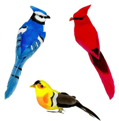 LWINGFLYER 3pcs Artificial Birds Realistic Red Cardinal Blue Jay Bird Yellow Goldfinch Assorted Birds for Decoration and Crafts Christmas Tree Ornaments (Claw) (Clip)