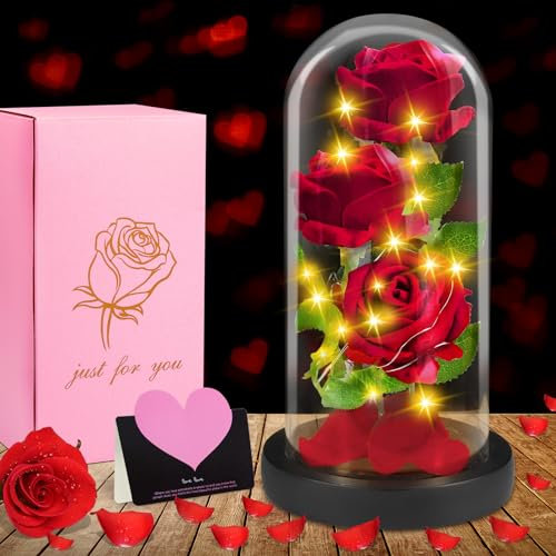 ENCOUN Rosa Eterna, Bella e La Bestia Rose, Fiori di Rosa con Luce a LED, Rosa Stabilizzata Vera in Vetro, Idea Rosa Eterna Regalo per Festa della Mamma, San Valentino, Matrimonio, Compleanno, Natale