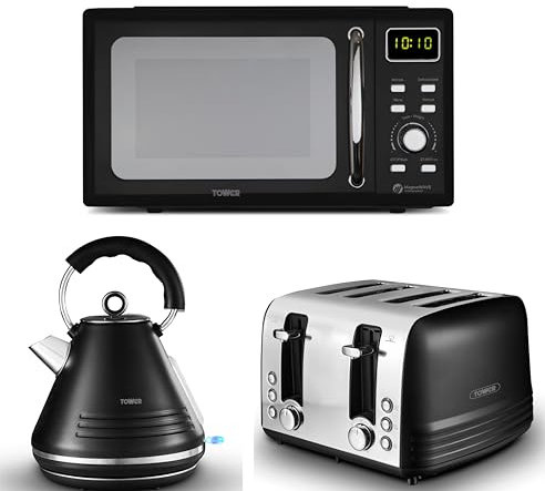 Tower Ash Black 1.7L 3KW Pyramid Kettle, 4 Slice Toaster & T24041BLK 800W 20L Digital Microwave. Contemporary Matching Kettle, Toaster & Microwave Set in Black with Chrome, TWRASHKT4T24041BLK