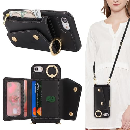 Lipvina Coque pour iPhone 8 avec Cordon Porte Carte Portefeuille Étui iPhone SE(2020/2022) avec zippé Cordon Réglable Collier Housse Etui avec Anneau pour iPhone 7 - Noir