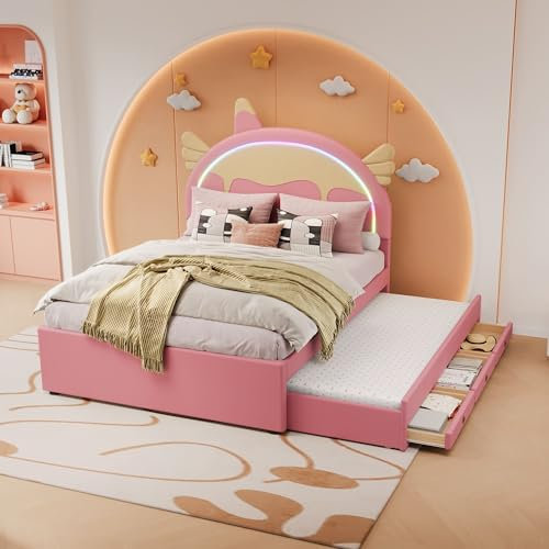 MQGPM Kinderbett 140x200 Polsterbett mit LED, Doppelbett Bettgestell mit Lattenrost und Cartoon Kopfteil, Stauraumbett Boxspringbett mit 3 Schubladen für Kinderzimmer, PU, Rosa